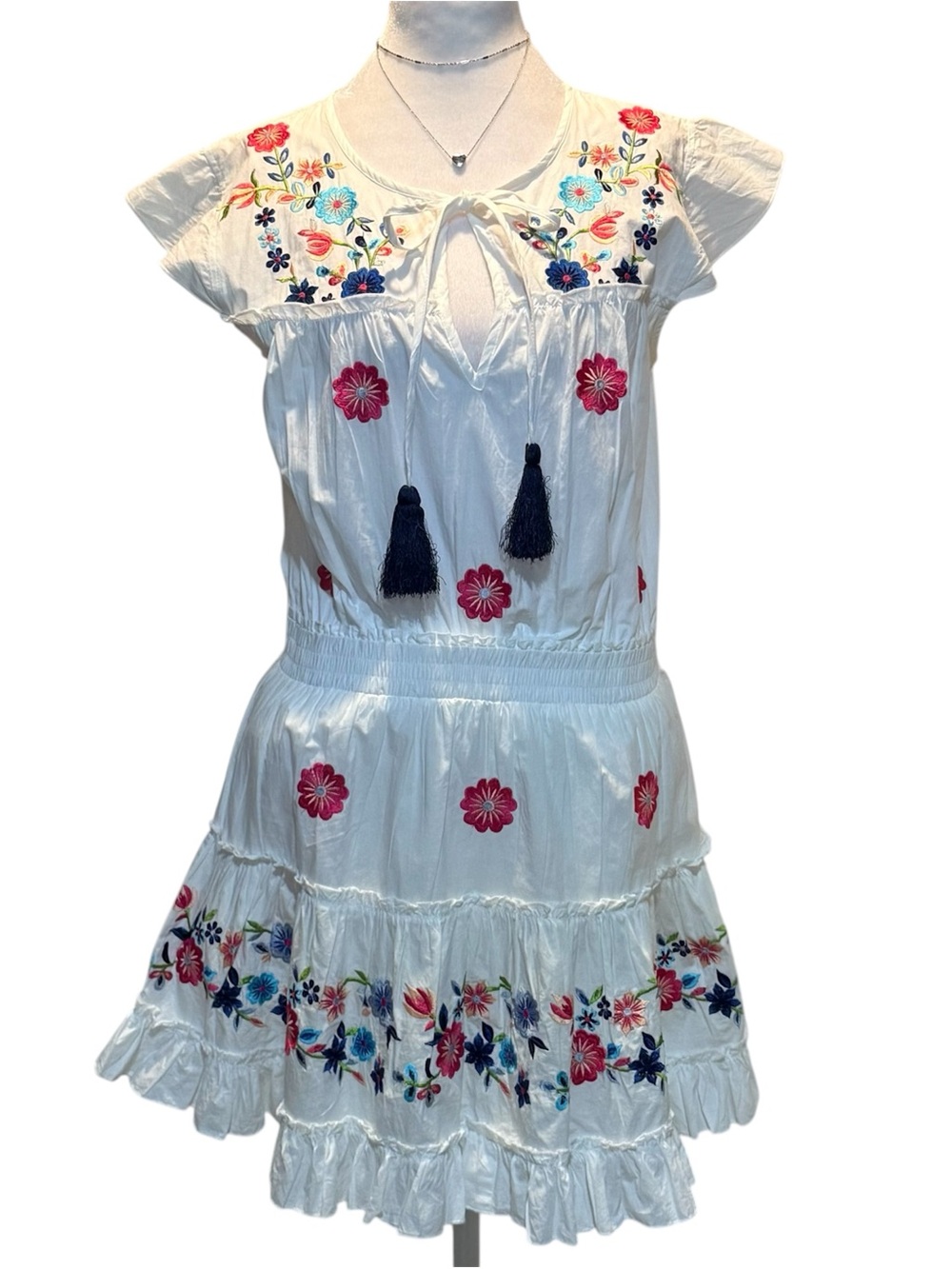 Guadalupe Design White Floral Embroidered Smocked Mini Dress - Medium